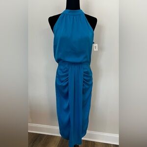 Blue Ruched Halter Sheath Midi Dress for Cocktail